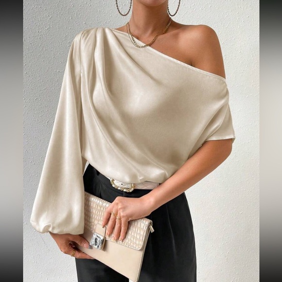 Apricot off shoulder asymmetrical neck batwing sleeve top